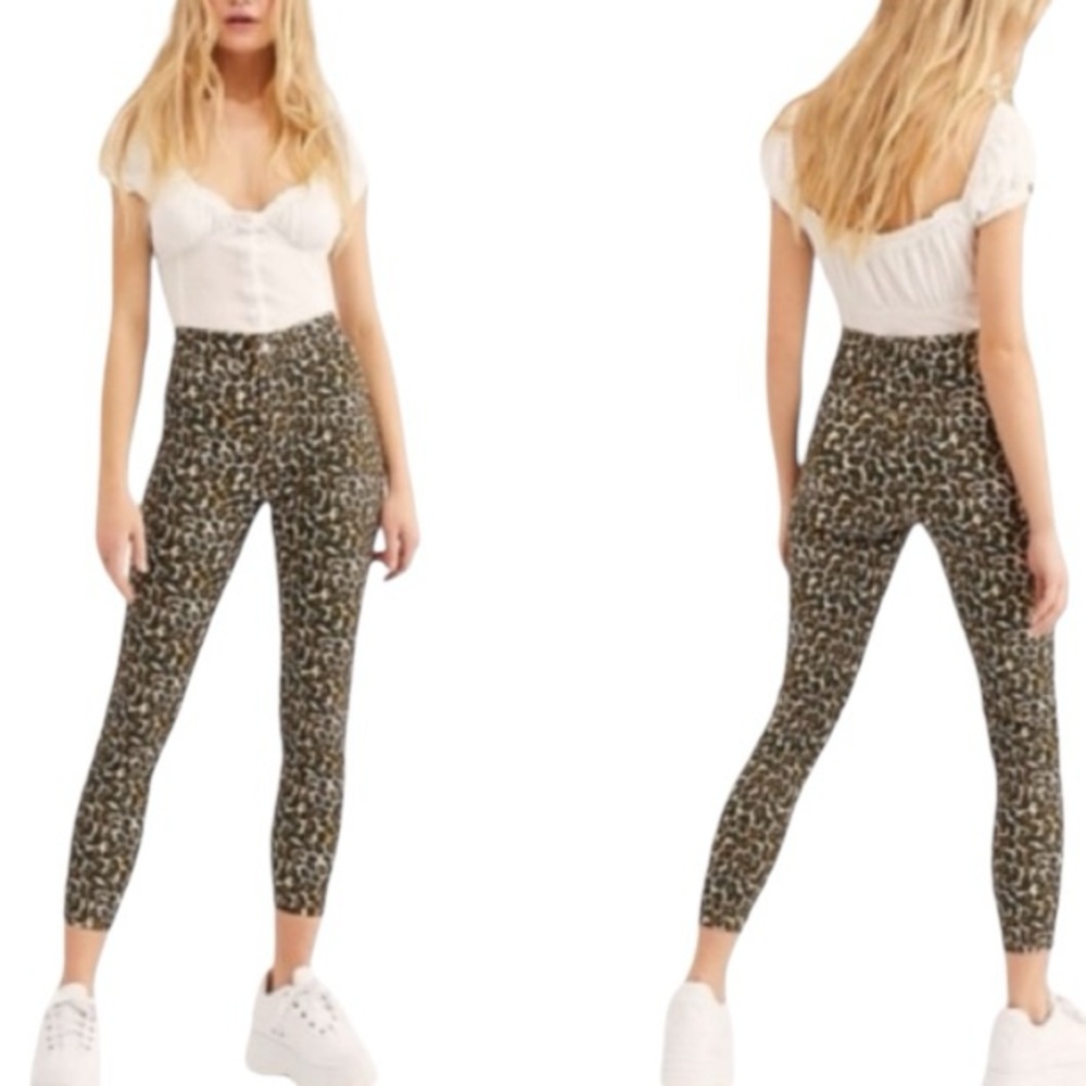 Free People Leopard Print Cropped Skinny Pants Sz 29 High Rise Cotton Blend - Picture 3 of 10